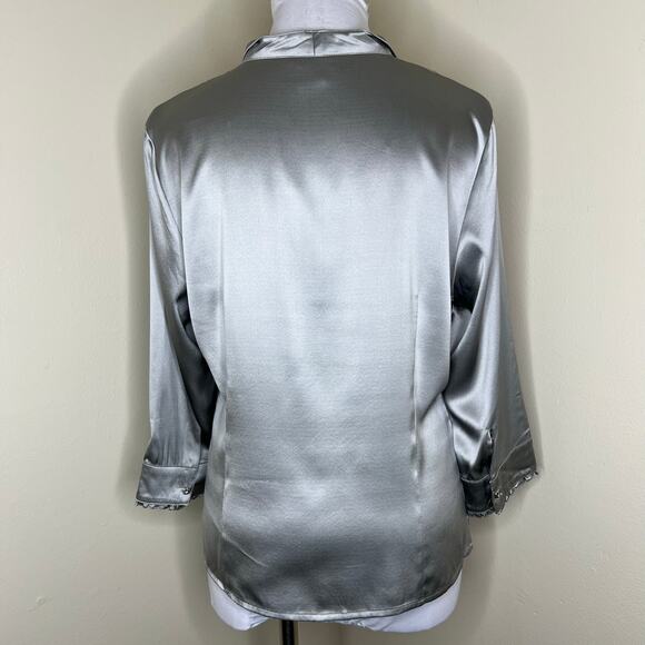 Doncaster Collection 100% Silk Top 12 Gray Silver Rhinestone Ruffle Satin Work - Picture 3 of 12